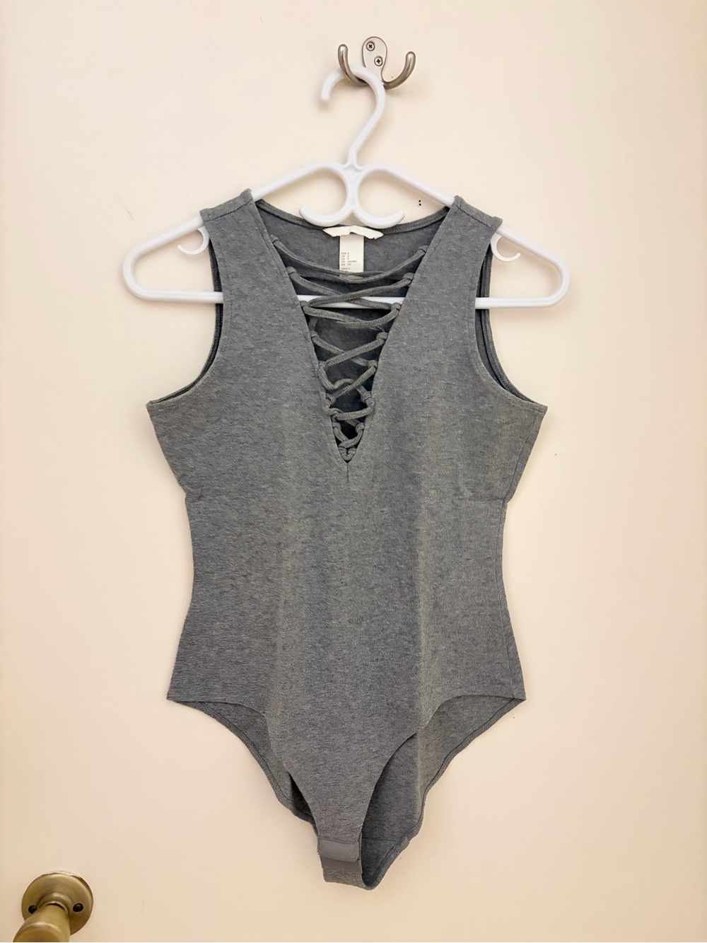 H&M Gray Lace-Up V-Neck One-Piece Bodysuit
